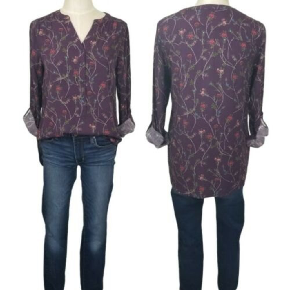 NWT Womens G.H. Bass & Co Long Sleeve Maroon Floral Button Down Blouse Size S